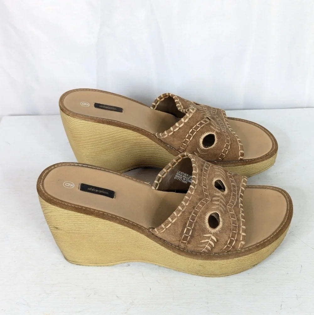 Vintage Xhilaration Y2K Chunky Leather Floral Faux Wood Slide Mules Sandals - 9 - Picture 2 of 9